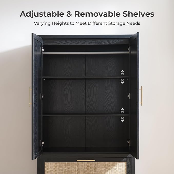 SICOTAS Rattan Armoire Wardrobe Closet Cabinet, 71" Wardrobe Storage Cabinet with Doors, 2 Drawers and Hanging Rod, Boho Large-Capacity Deep Armoire Clothes Organizer for Bedroom, Black Oak