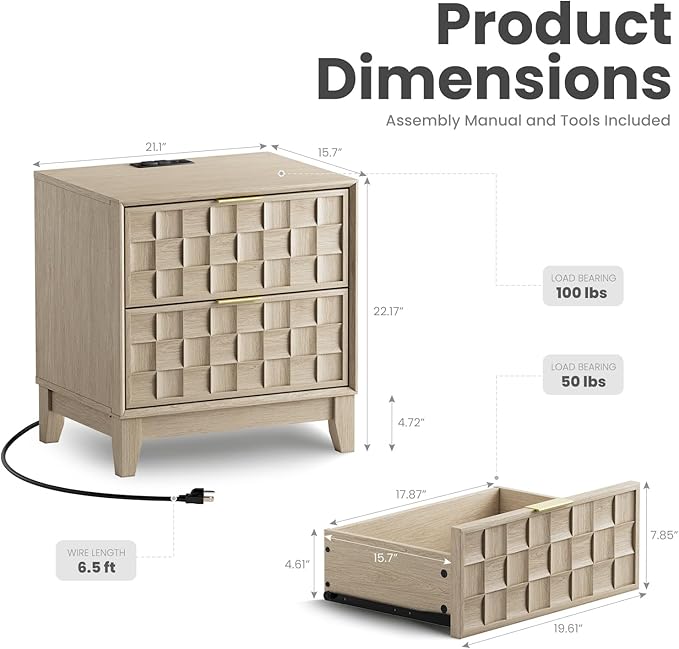 COLAMY Night Stand Set of 2, Nightstand with Charging Station, 22" Modern Bed Side Table with 2 Storage Drawers and Chessboard Relieffor Bedroom, Dorm and Small Spaces - Oak