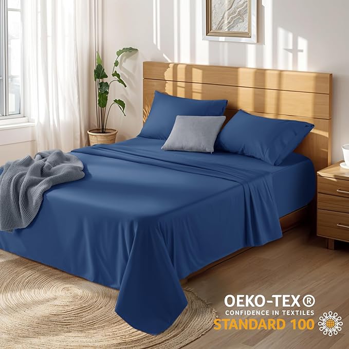 LBRO2M 100% Cotton Sheets Set Deep Pocket 19", 1000 Thread Count Queen Size 4 Piece Bed Sheet Sets Soft Comfortable Bedding All Season (Queen, Navy Blue)