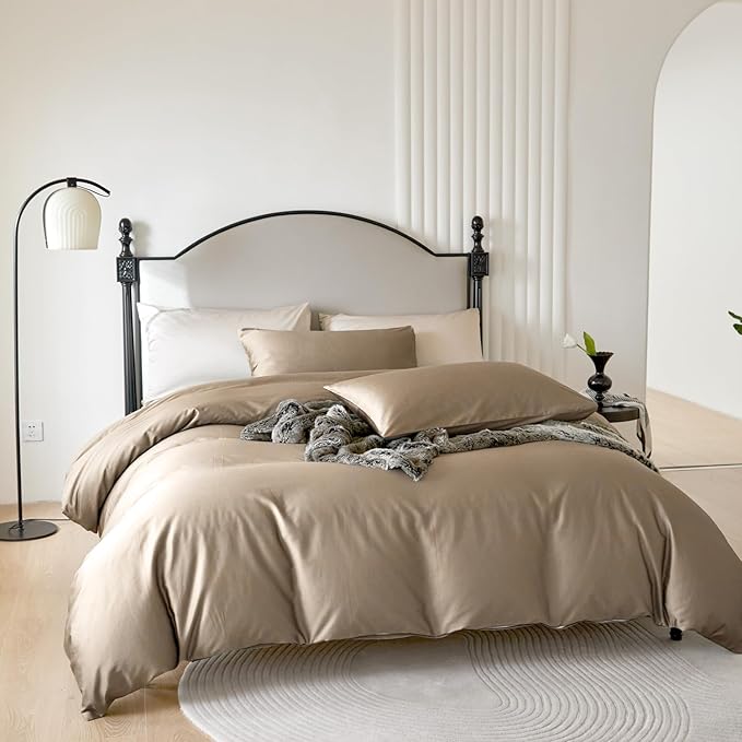 PURE ERA Duvet Cover Set King 800 Thread Count Long Staple Cotton Sateen Silky Soft Luxurious Smooth 3 Piece Set Dark Dessert Beige King