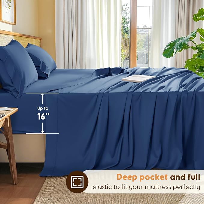 LBRO2M 100% Cotton Sheets Set King Size 600 Thread Count Sheet 4 Piece Sets Bed Sheet Deep Pocket Up to 16" Soft Comfortable All Season (King, Navy Blue)
