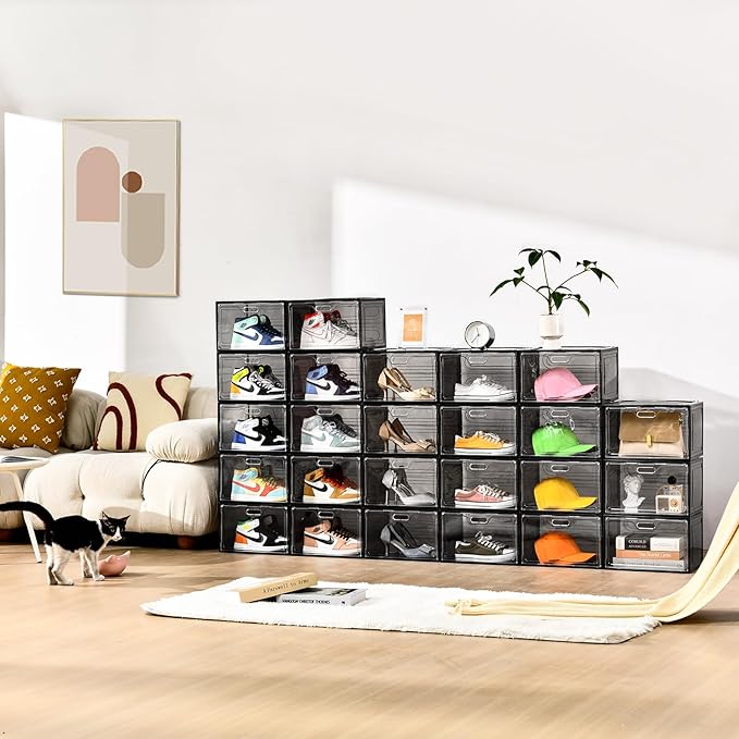 New Gray 8 Pack Shoe Boxes Stackable, Large Shoe Storage Organizer with Lids,Drop Side Shoe Containers for Entryway,Sneaker Storage Fit up to US Size 13 for Men/Women(13’’x 10.6”x 8.3”)