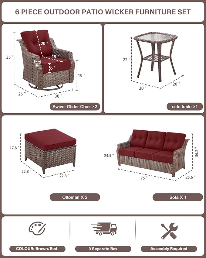 Belord High Back Outdoor Patio Furniture Set - Wicker Outdoor Swivel Rocker Patio Chairs with Sofa and Ottoman, All-Weather Patio Conversation Set for for Patio Deck Backyard