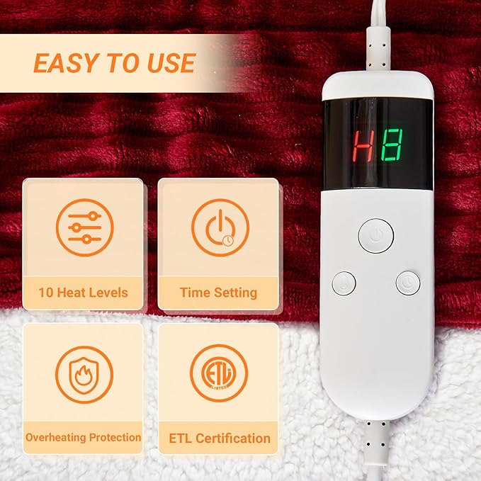Heated Blanket Electric Twin, Soft Flannel Heating Blanket with 8 Hours Auto Off 10 Fast Heating Levels Machine Washable Sherpa Heated Blanket with Overheating Protection