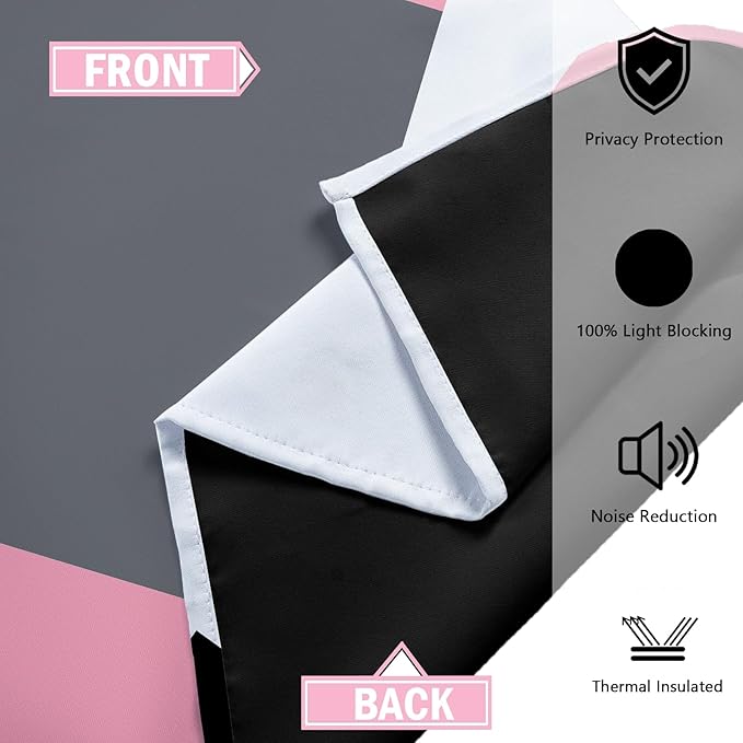 Pink 100% Blackout Curtains for Bedroom 72 inch Length 2 Panels Set Grey Modern Abstract Geometric Black Out Curtains Insulated Room Darkening Window Drapes for Living Room, 52Wx72L