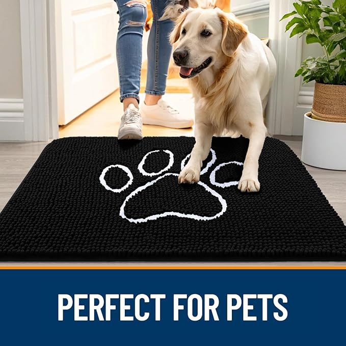 OLANLY Dog Door Mat for Muddy Paws 47x32, Paw Print Design, Absorbs Moisture and Dirt, Absorbent Non-Slip Washable Doormat, Quick Dry Chenille Mud Mat for Dogs, Entry Indoor Entryway Carpet, Black