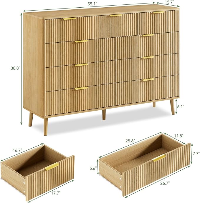 LYNSOM Fluted 9 Drawer Dresser for Bedroom, 55" Wide Modern Chest of Drawers with Curved Profile Design and Metal Handles, Wood Dresser TV Stand & Storage Organizer for Bedroom, Hallway, Oak