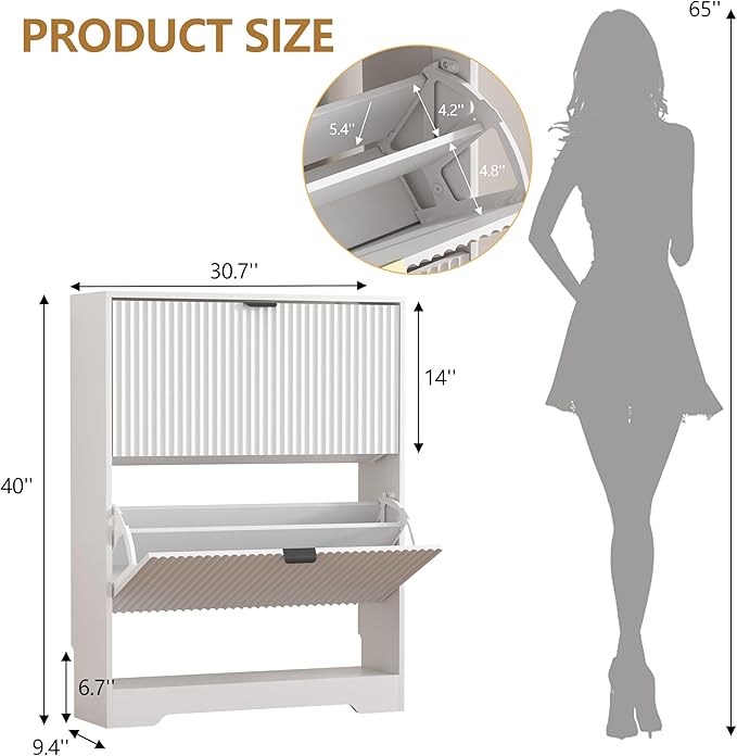 Shoe Cabinet Storage for Entryway with 2 Flip Drawers, White Fluted Shoe Cabinet with Open Storage, Wooden Hidden Shoe Rack Freestanding Narrow Slim Shoes Organizer for Hallway, Entrance