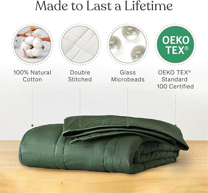 Baloo Weighted Blanket for Adults 15 lb (Spruce Green, 60"x80") | Cool & 100% Cotton | Machine Washable & Dryer Safe | Glass Microbead Fill