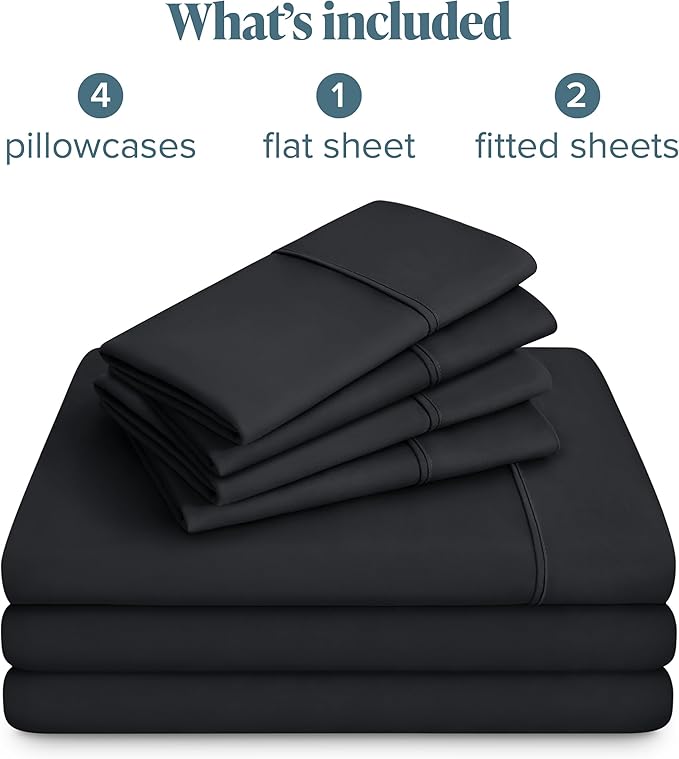 Bare Home Hotel Luxury Split King Sheet Set, Extra Soft - 7 Piece Set - Deep Pockets - Easy Fit - Cooling & Breathable - Wrinkle, Fade, Stain Resistant - Includes 4 Pillowcases (Split King, Black)