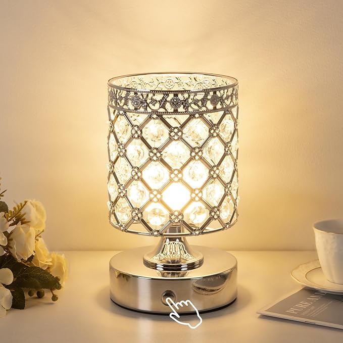 TOBUSA 6000mAh Crystal Battery Operated Lamp, Silver Modern Cordless Table Lamp Rechargeable, Portable Bedside Touch Small Desk Lamp 3000K-4500K-6000K, Stepless Dimmable Wireless LED Night Light