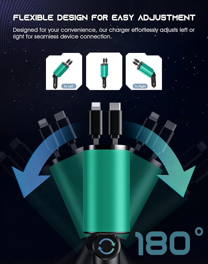 Retractable Car Phone Charger, 4 in 1 Fast Charge Car Phone Charger with 2 Retractable Cables(2.6ft) and 2 USB Ports, Compatible with iPhone15/14/15 Pro Max,Samsung (Bluish Green)