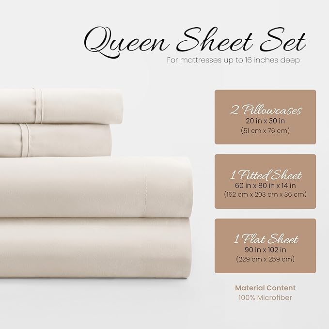 Linen Market Double-Brushed Microfiber Queen Sheet Set 4 Piece – Oeko-TEX Certified Ultra Soft & Wrinkle-Free - 16" Deep Pocket Sheets - Easy Care Queen Size - Ivory