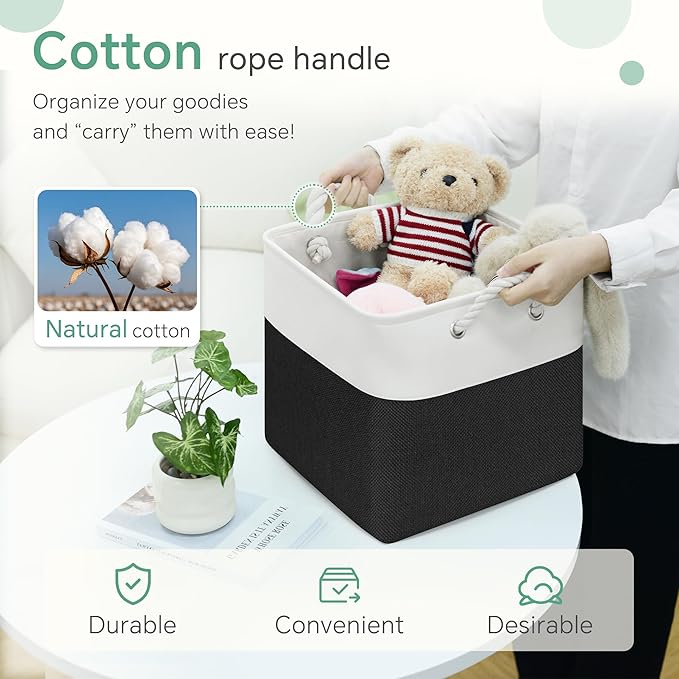 Large 11x11 Inch Cube Storage Bins with Cotton Handles for Closet, Shelves, Clothes, Towel (White/ Black-6 Pack)