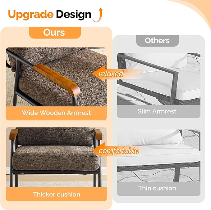 VINGLI Mid-Century Modern Accent Armchiars Set of 2 for Small Space, Small Comfy Upholstered Leisure Reading Chairs with Wood Armrests for Bedroom, Living Room, Waiting Room, Linen Expresso
