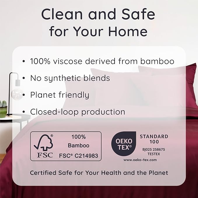 Bambaw 100% Viscose Derived from Bamboo King Size Sheet Set - 4pcs Super Soft & Cooling Sheets, Luxury Sheets King Size Deep Pocket, Fits Up to 16'' Mattresses with Elastic Corner Straps (Burgundy)