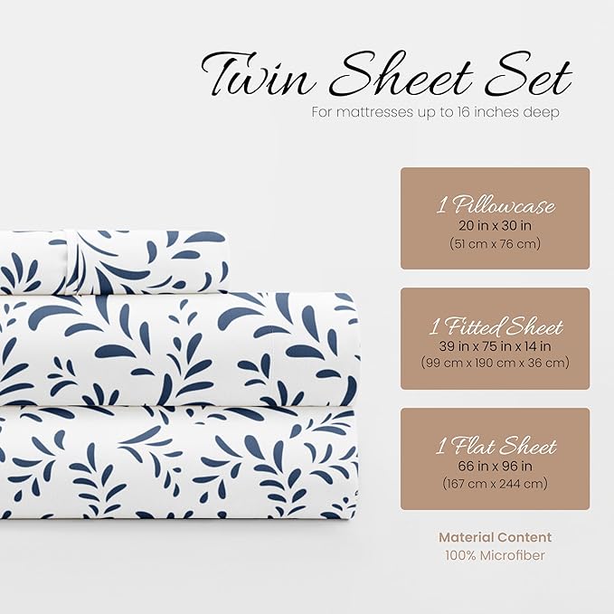 Linen Market 3 Piece Twin Bedding Sheet Set (Navy Vines) - Sleep Better Than Ever with These Ultra-Soft & Cooling Bed Sheets for Your Twin Size Bed - Deep Pocket Fits 16" Mattress