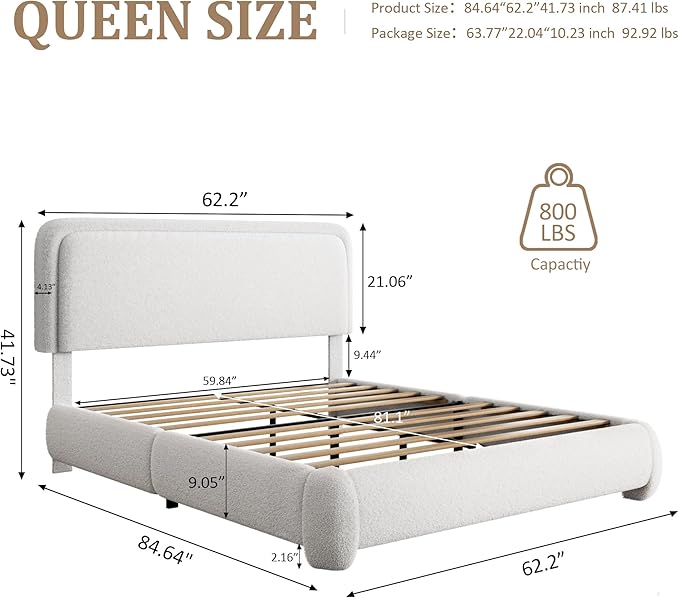 Queen Size Boucle Platform Bed Frame, Upholstered Cloud with Adjustable Headboard, Anti-Collision Soft Rounded Corners, No Box Spring Required, Easy Assembly, Noise Free