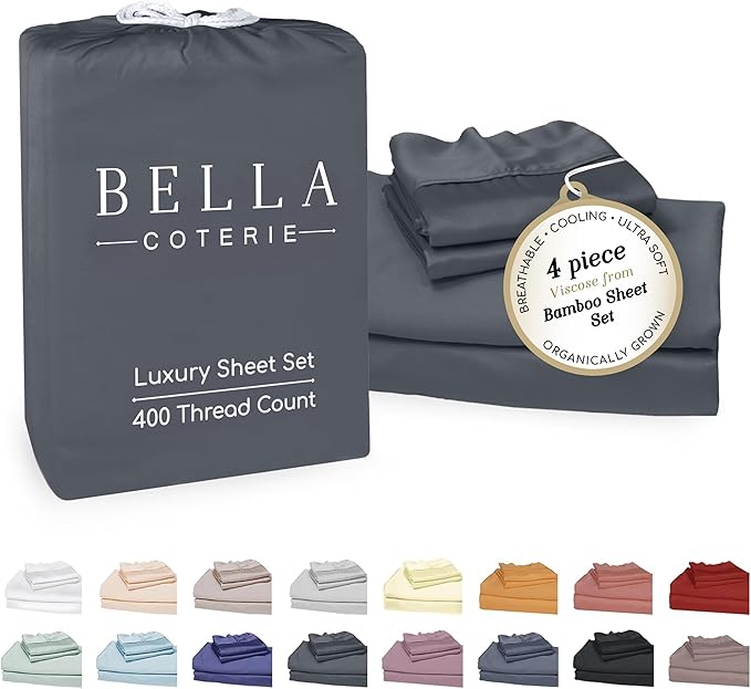 Bella Coterie Luxury Bamboo Viscose Queen Size Sheet Set | 100% Organically Grown | Ultra Soft | Cooling for Hot Sleepers | 18" Deep Pocket [Charcoal Grey]