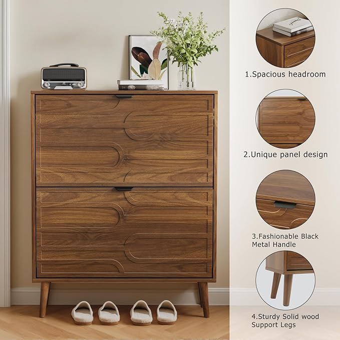 Vibe & Dine Modern Shoe Cabinet with 2 Flip Drawers, Shoe Storage Organizer for Entryway Slim, Freestanding Wood Shoe Rack Cabinet for Hallway, Bedroom, Living Room, Walnut