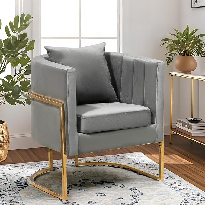 Velvet Modern Accent Chair, Upholstered Barrel Armchair Mid Century with Pillow for Living Room, Comfy Single Vanity Chair with Metal Gold Legs for Bedroom, Grey