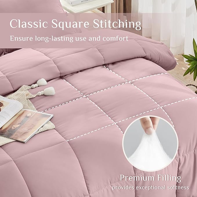 JOLLYVOGUE Full Comforter Set, Ultra-Soft Bed in a Bag Full Size 7 Pieces, Oeko-TEX Certified Bedding Set with Down Alternative Comforter, Sheets, Pillowcases & Shams, Camio Pink
