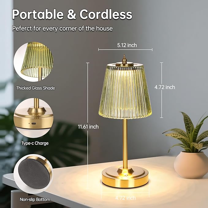 Small Table Lamp with 5200mAh Battery & Touch Control - 3 Adjustable Color Temperatures, Dimmable Rechargeable Table Lamps for Living Room, Bedroom, Bedside (Green Stripe)