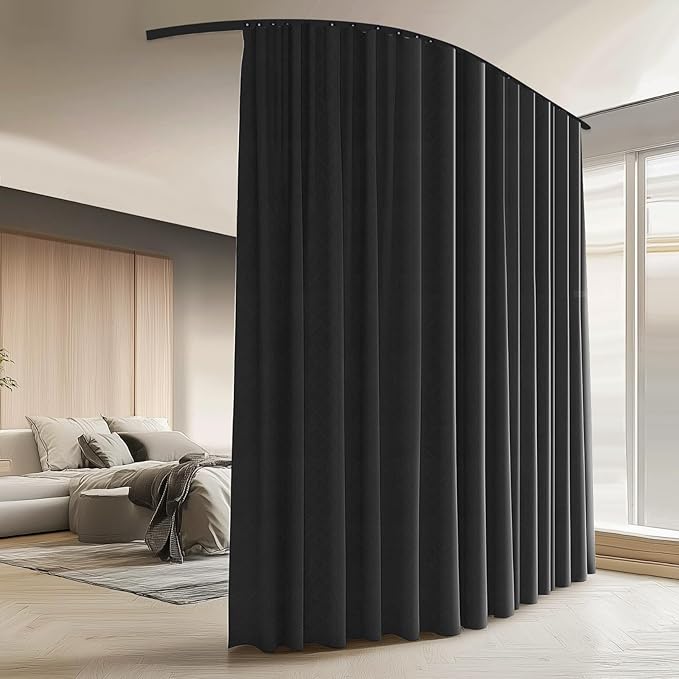 Room Divider Curtains with Ceiling Curtain Track Set Window Curtain for Bedroom,Living Room Total Blackout Thermal Insulated Privacy Ceiling Track Curtain W 6 × H 7 FT Black drape&Black track