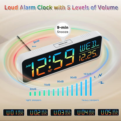 Peakeep Large Display Digital Alarm Clock for Bedrooms, Date Day of Week Temp Desk Table Clocks for Living Room Office, Dimmable Plug in Electric Clock, 5 Volumes, Loud, Auto DST