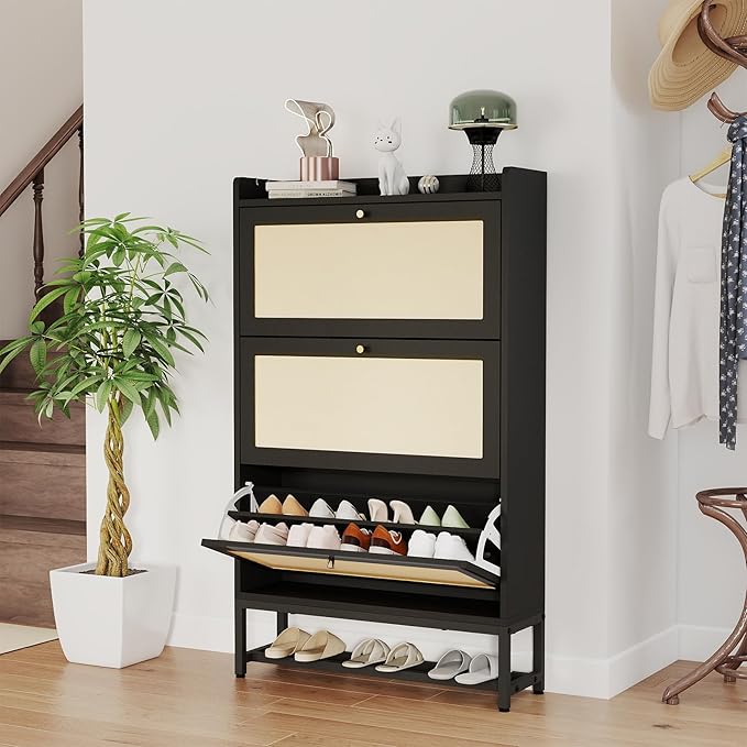 Slim Entryway Shoe Storage Cabinet with 3 Flip Drawers, Modern Freestanding Shoes Organizer Holds 16-20 Pairs, Closed Shoe Storage for Hallway, Foyer - Space-Saving Wood Shoe Cabinet