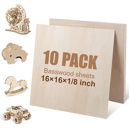 10 Pack 16x16x1/8 Inch Basswood Sheets, Large Size Basswood for Laser Cutting & Engraving, Plywood Wood Board Unfinished Wood Sheets for Crafts, DIY Architectural Models, Wood Burning and Painting.