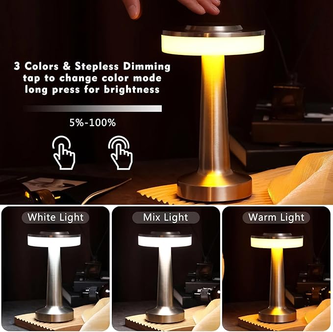 VIHOSE Cordless Table Lamps LED Portable Rechargeable Table Lamp with Touch Sensor 3 Color Dimming up to 15 Hours Battery Desk Light for Restaurant Nursery Living Room(Silver,8 Pcs)