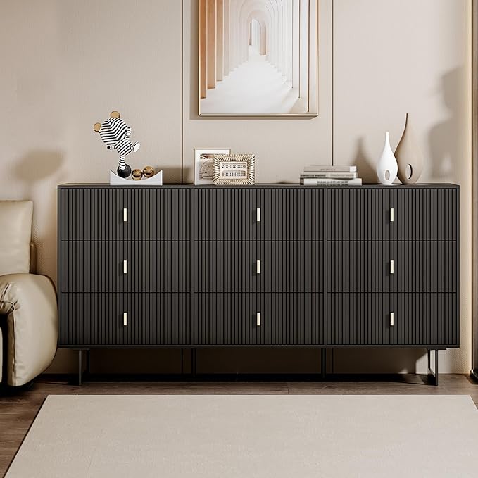 Modern Chest of Drawers with 9 Drawers,Deep Drawers,Clothes Organizer,Large Storage Cabinet for Living Room, Bedroom,Hallway,with Anti-Tipping Device,Dark