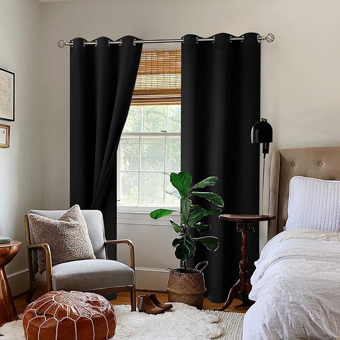 BGment Thermal Insulated 100% Blackout Curtains for Bedroom with Black Liner, Double Layer Full Room Darkening Noise Reducing Grommet Curtain (42 x 84 Inch, Black, 2 Panels)