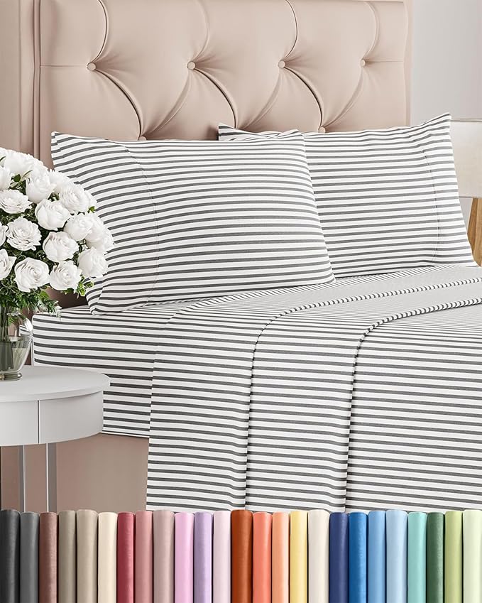 Twin 4 Piece Sheet Set - Cooling, Comfy & Breathable - Hotel Luxury Bedding, Includes Fitted Sheet for Women, Men, Kids & Teens - 1 Flat, 1 Fitted Sheet, 2 Pillowcases w/Deep Pockets - Grey Stripes