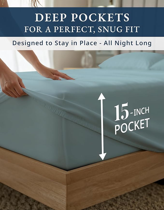LANE LINEN Ultra Soft California King Sheets Set - 1000 Thread Count, 100% Egyptian Cotton Fully Elasticized with French Seam on Fitted Hotel Like Thick Luxury Cal King Bed Sheets- French Blue