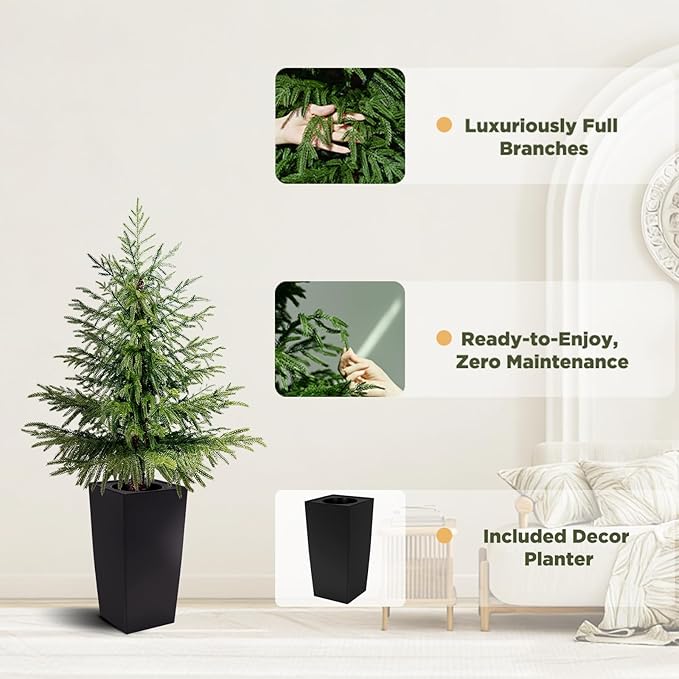 2 Pack 4FT Artificial Norfolk Pine Trees, Real Feel Faux Christmas Tree with Square Black Pot, Pet Safe PPC Material, Indoor Outdoor Plants for Front Porch, Living Room Decor