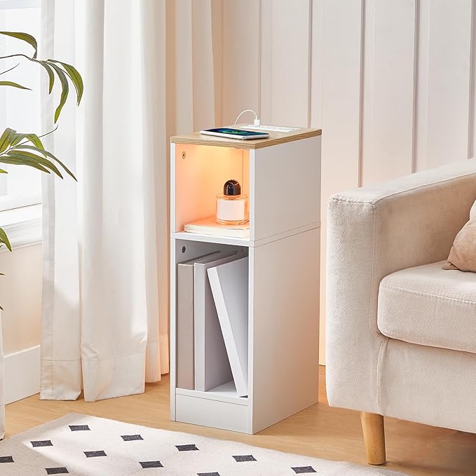 Narrow Nightstand, Slim End Table with Charging Station and LED Sensor Light, Modern Side Table, Bedside Table, for Small Spaces, Living Room, Bedroom, Natural and White ETNW30E01
