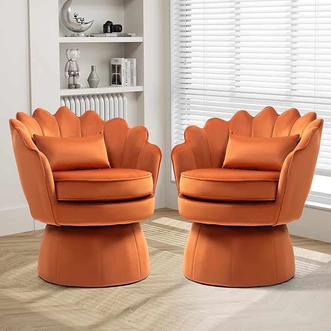 360° Swivel Accent Chair, Mid-Century Modern Velvet Barrel Chair, Comfy Shell Shape Arm Chair with Lumbar Pillow for Living Room, Bedroom, Office, Orange