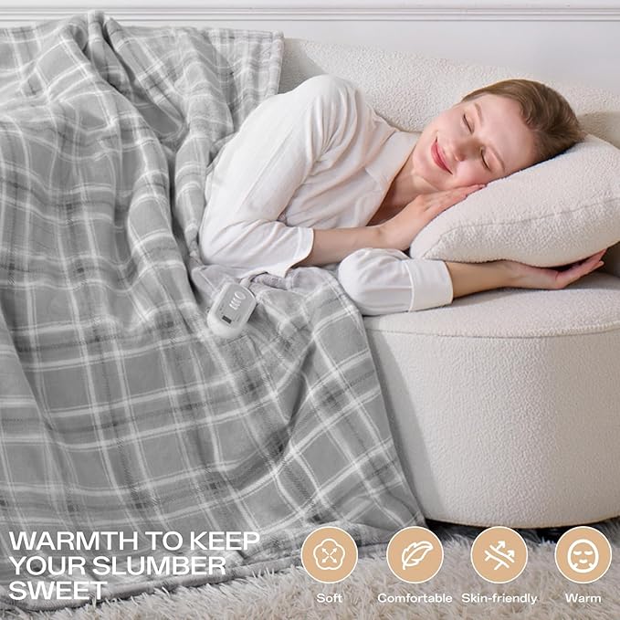 Heated Blanket Full Size, Electric Blanket 72"x84" for Bed with 8 Fast Heating Levels & 10 Hours Auto Shut-Off, Grey Plaid Warm Soft Flannel Blanket Gift for Women Grandma Machine Washable