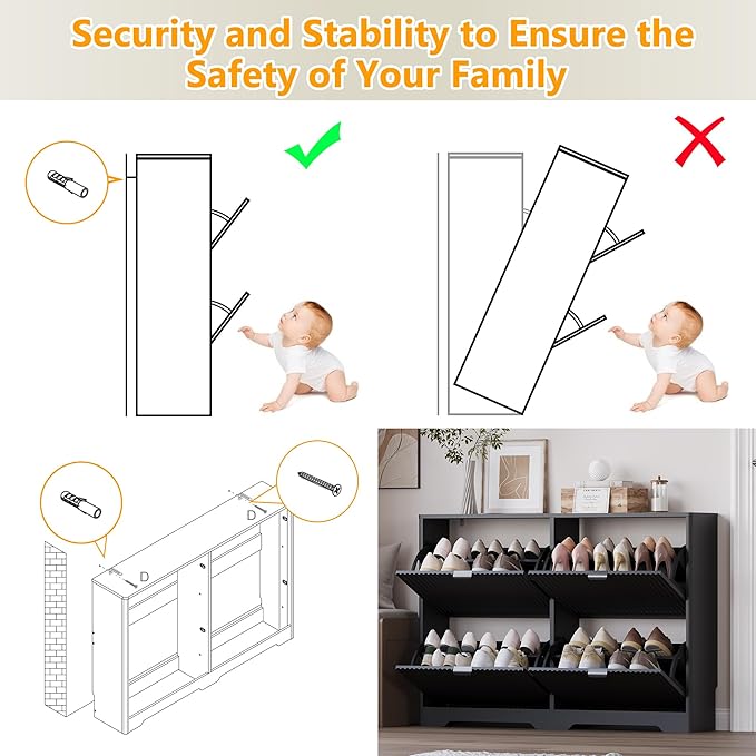 Large Shoe Cabinet for Entryway, Shoe Rack Cabinet with 4 Flip Drawer and Adjustable Shelves for Small Apartment, Foyer