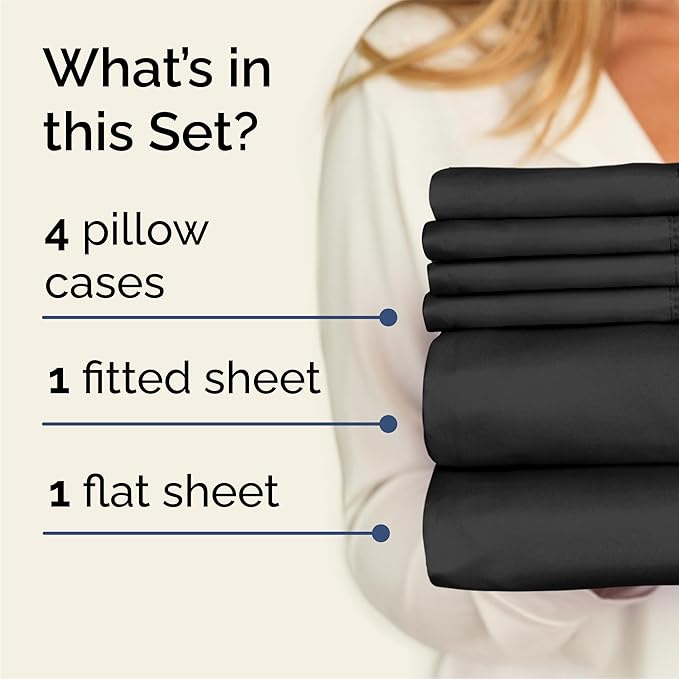 Queen 6 Piece Sheet Set - Cooling, Comfy & Breathable - Hotel Luxury Bedding, Includes Fitted Sheet for Women, Men, Kids and Teens - 1 Flat, 1 Fitted Sheet, 4 Pillowcases with Deep Pockets - Black