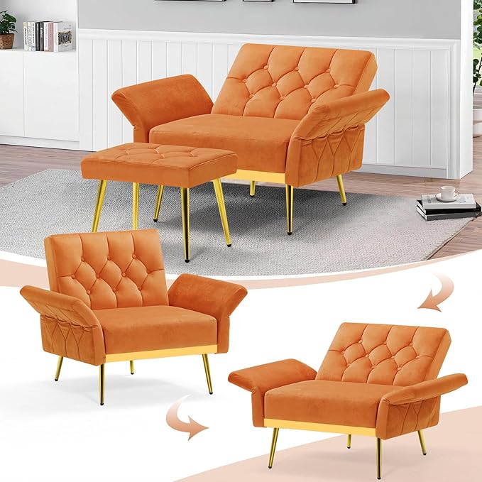 Velvet Accent Chair w/Adjustable Armrests and Backrests, Tufted Single Sofa with Ottoman, Upholstered Reading Chiar for Living Room, Apartment, Bedroom, Orange