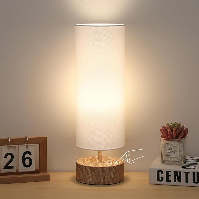 Touch Table Lamp with Metal Base Covered with Wood Grain, 3 Way Dimmable Bedside Nightstand Lamp with White Shade, Simple Night Light for Bedroom Living Room Home Office, LED Bulb Included