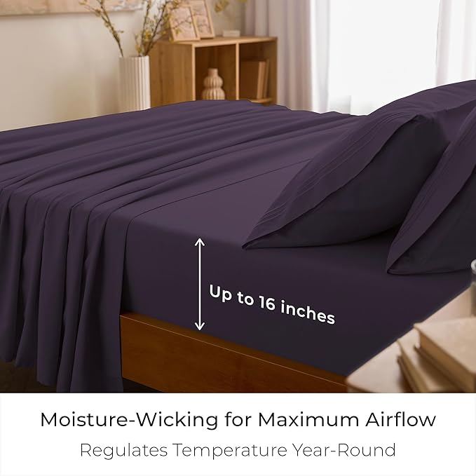 Mellanni Split King Sheet Set - 7-Piece Iconic Collection Bedding, (Including 4 Pillowcases), 16-Inch Deep Pocket, Easy Care, Extra Soft, Cooling Sheets, Brushed Microfiber - Purple