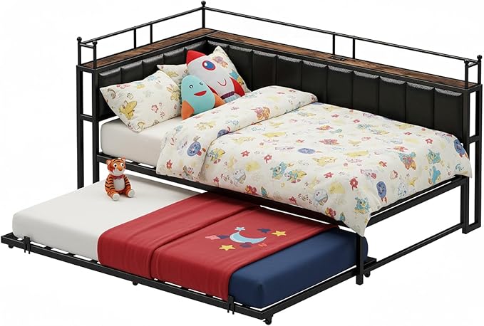 LIKIMIO Daybed with Trundle, Twin Corner Bed Fram with Bedside Storage,Sofa Day Bed for Living Room, Bedroom and Guest Room,Black