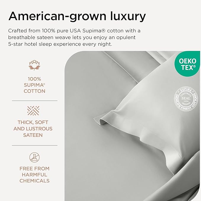 Threadmill Luxury Supima Cotton Sheets, Luxury 1200 Thread Count Soft 100% Cotton Sheets for Queen Size Bed, 4 Pc Light Grey Bed Sheets Queen Set, 5-Star Hotel Quality Deep Pocket Bed Sheets Set