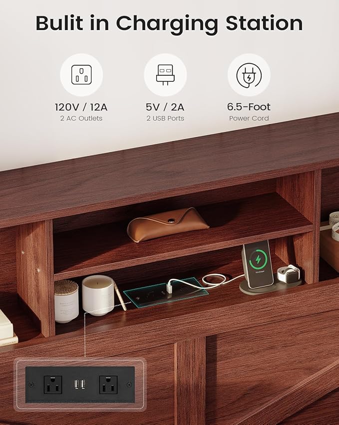 AOGLLATI Twin Bed Frame with 4 Storage Drawers and Charging Station, Farmhouse Wooden Led Twin Bed with Storage Hidden Space Headboard and Metal Slats,Mahogany