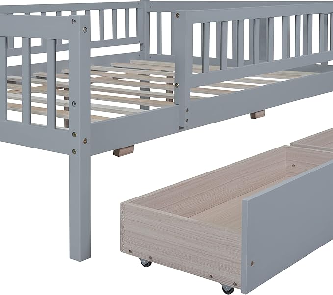 Bellemave Full Size Bed Frames with Rails for Kids, Full daybed Frame with Drawers for Boys/Girls/Adults， Gray