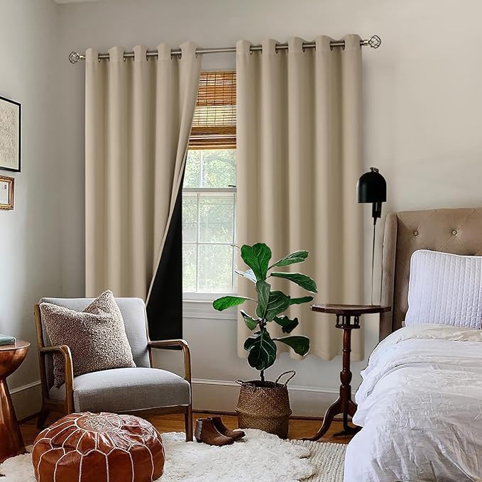 BGment Thermal Insulated 100% Blackout Curtains for Bedroom with Black Liner, Double Layer Full Room Darkening Noise Reducing Grommet Curtain (60 x 63 Inch, Sand, 2 Panels)